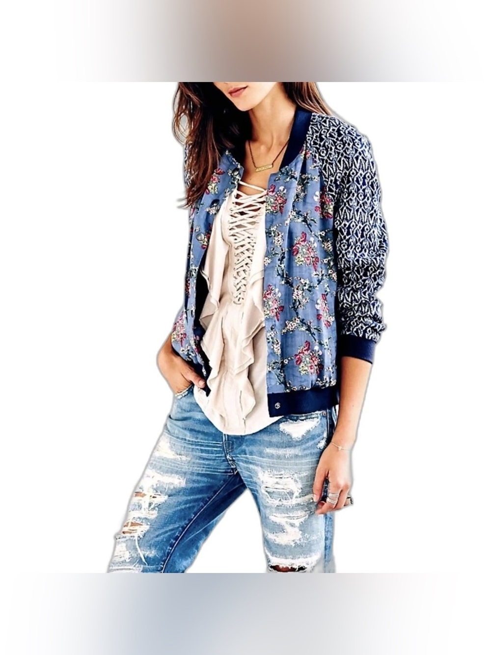 Free People  Floral Patterned Bomber Jacket